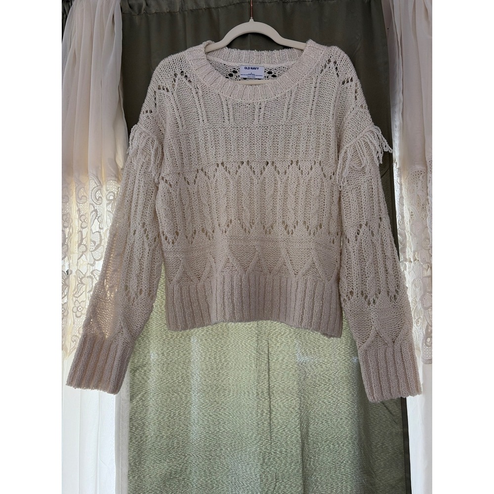 Old Navy Crafted Fringe Sweater Womens Medium Sea Salt Wool Blend Pointelle Knit